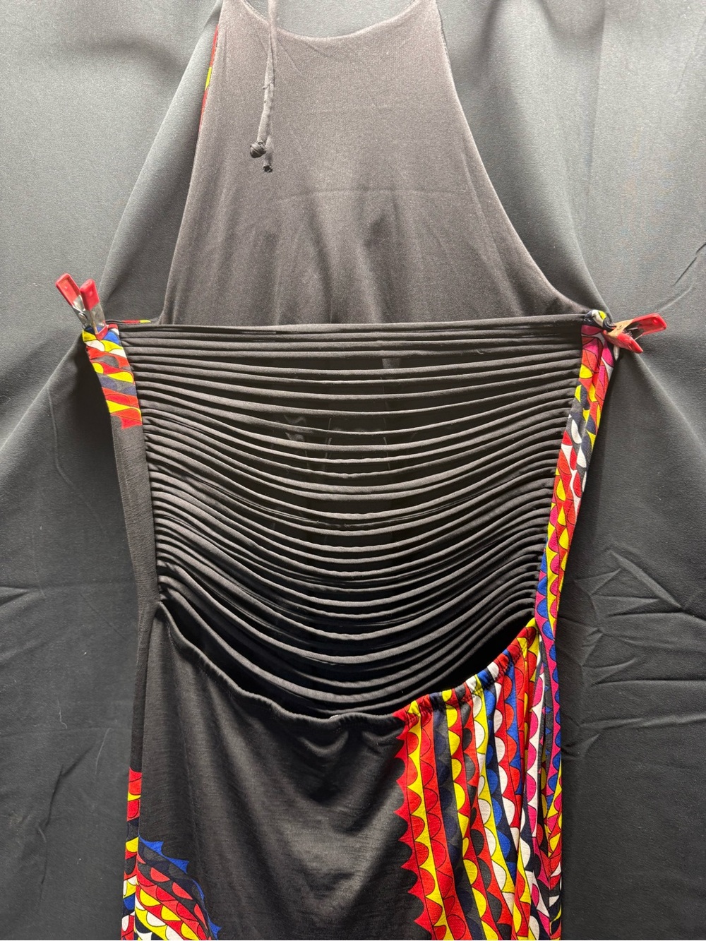 EUC Black Halter Boho Maxi Dress w/Vibrant Multicolor Circular Motifs Sz L (C1H) - Picture 4 of 6